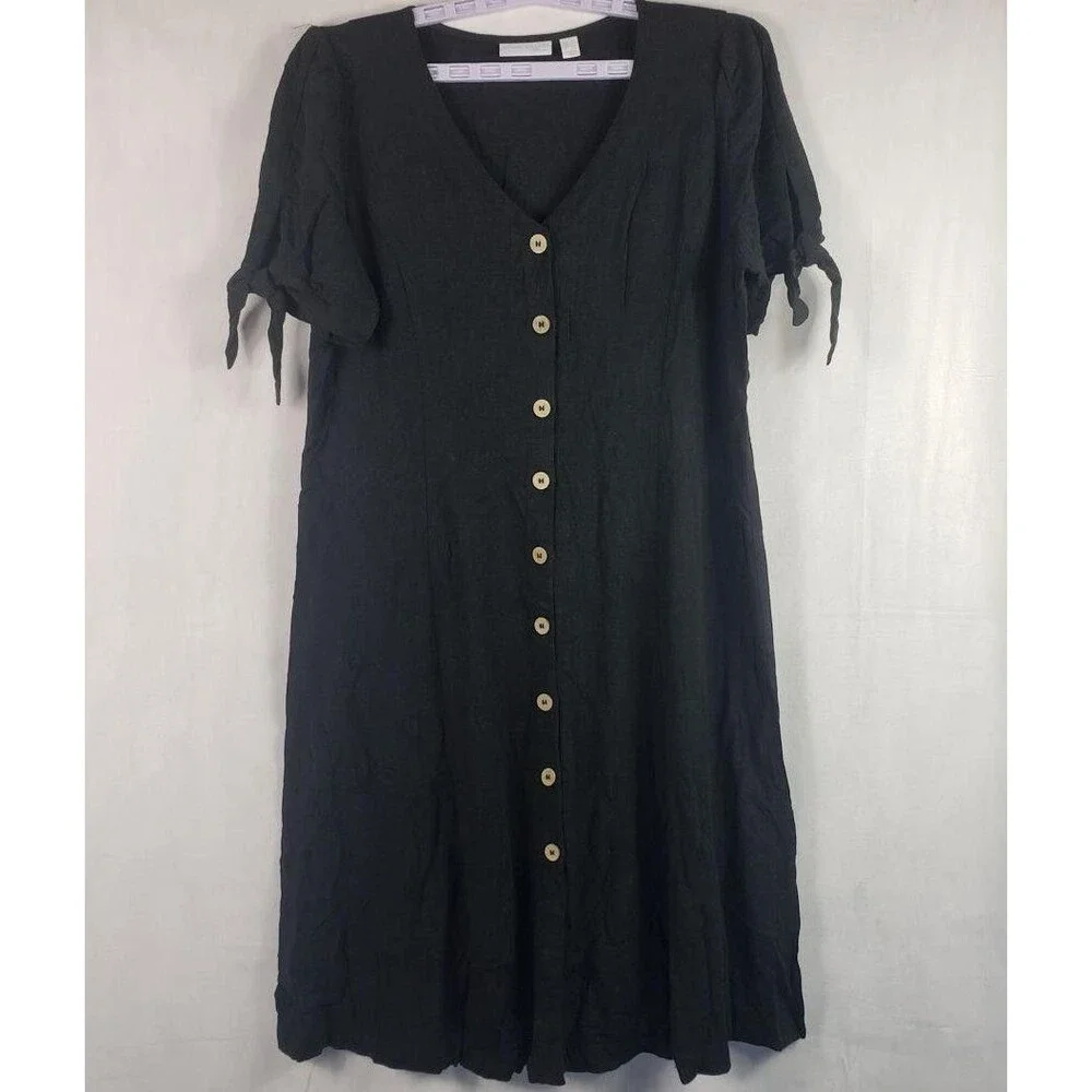 Susan Graver Pure Dress Womens Petite Large Black Linen Blend Tie Sleeve Midi - Picture 2 of 11